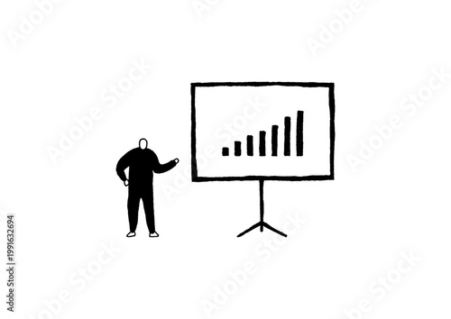 スクリーンの左側に少し離れて立つプレゼンターの手描きイラスト（黒）