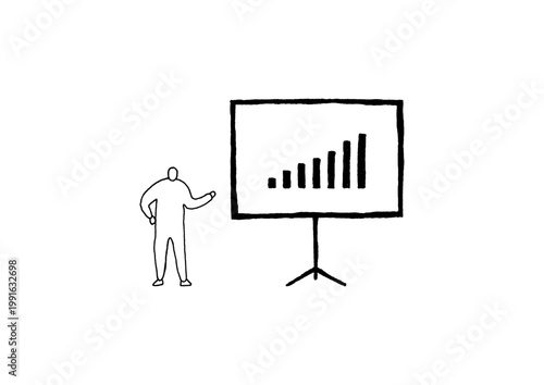 スクリーンの左側に少し離れて立つプレゼンターの手描きイラスト（線画）