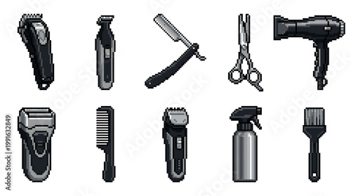 A pixel art collection of professional barber tools, including clippers, scissors, razor, comb, dryer, and spray bottle, isolated on a white background.
