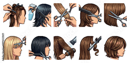 A pixel art collection of diverse women having their hair styled, cut, and dried by a hairdresser using scissors, combs, and sprays.