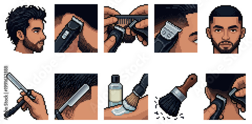 Pixel art illustrations showcase a man getting a haircut with barber tools like clippers, comb, straight razor, and brush.