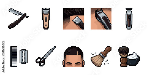 A collection of pixel art barber tools and haircut imagery, including clippers, razors, scissors, and a comb, perfect for vintage or retro designs.
