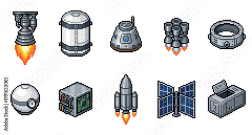 A collection of pixel art spacecraft components and vehicles, including rocket engines, capsules, satellites, and tanks, rendered with a retro digital aesthetic.