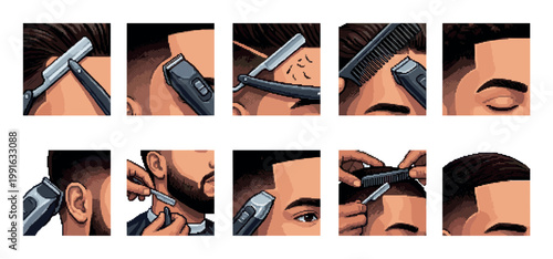This pixel art collection shows a barber using clippers, razors, and combs to create stylish haircuts and beard trims, representing grooming and personal care.