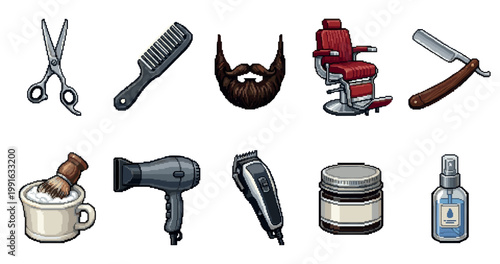 A pixel art collection of barber shop tools including scissors, comb, beard, barber chair, razor, brush, dryer, trimmer, pomade, and spray.