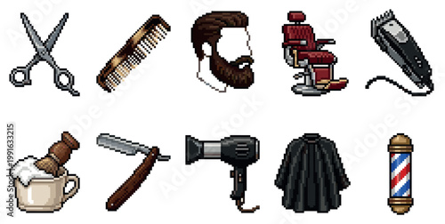 A pixel art collection of essential barber shop tools including scissors, comb, beard, chair, clipper, razor, dryer, cape, and pole.