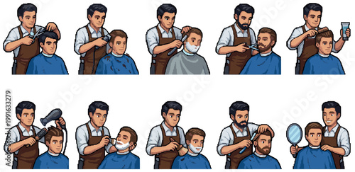 A collection of pixel art illustrations depicts a barber in various actions of providing haircuts and grooming services to male clients in a barbershop setting.