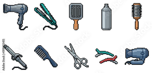 A collection of pixel art illustrations depicting various hair styling tools, including dryers, combs, scissors, brushes, and clips, on a white background.