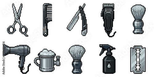This pixel art collection features a variety of barber tools, including scissors, comb, razor, clippers, brushes, hairdryer, mug, and spray bottle, on a white background.