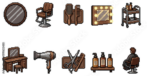 A collection of pixel art icons representing salon essentials like chairs, mirrors, hairdryers, scissors, and bottles, perfect for digital design and gaming.
