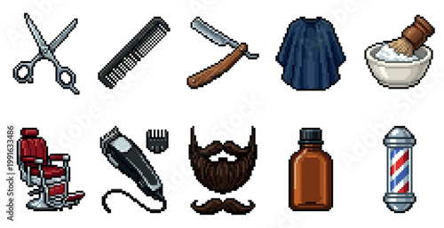 A pixel art collection of classic barber shop items including scissors, comb, razor, cape, soap, chair, clippers, beard, bottle, and pole.