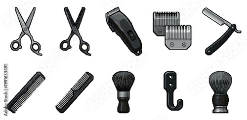A pixel art collection of essential barber tools including scissors, clippers, combs, razor, and brushes against a white background.