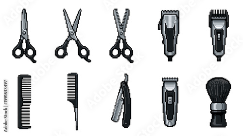 A clean pixel art collection of barber tools including scissors, clippers, combs, and a razor, perfect for design projects.