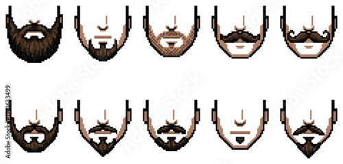 A collection of ten distinct pixel art illustrations showcasing various beard and mustache styles against a clean white background, ideal for graphic design and digital art.