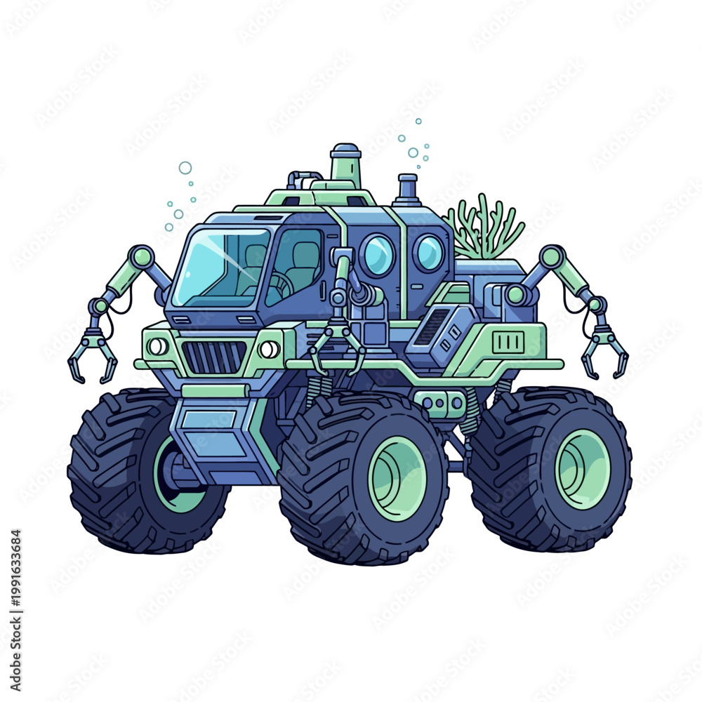 Obraz premium Robotic vehicle with large wheels and arms.