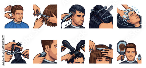 Pixel art icons depict various hair salon services including cutting, washing, and styling hair for men and women.