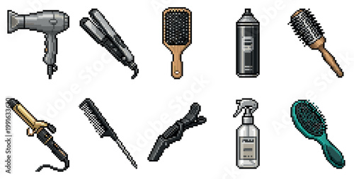 A collection of ten pixel art illustrations of common hair styling tools against a white background, ideal for graphic design and web use.