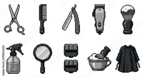A collection of pixelated barber tools including scissors, comb, razor, clippers, brush, spray bottle, mirror, guards, soap bowl, and cape.