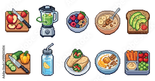 A pixel art collection showcasing various healthy food items like smoothies, oatmeal, avocado toast, and lunchbox snacks, perfect for digital design projects.