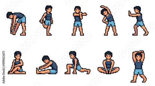 A set of 10 pixel art illustrations showing a man performing various stretching exercises and yoga poses, perfect for fitness or game development.