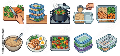 Pixel art collection depicting the process of preparing healthy meals, from chopping vegetables to packing lunch containers for a balanced diet.
