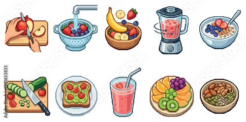 Collection of pixel art icons depicting various healthy food preparation steps and finished dishes including fruit, smoothie, toast, and salad.