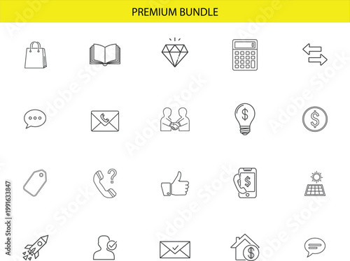 Financial transaction and shopping line icon set showing shopping bag open book diamond calculator and exchange symbols.