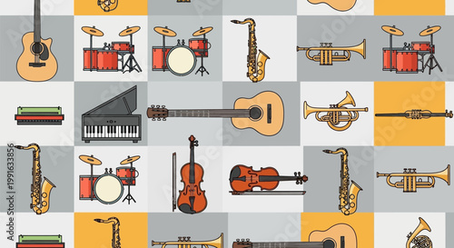 Seamless pattern featuring a variety of musical instruments in a hand-drawn style.