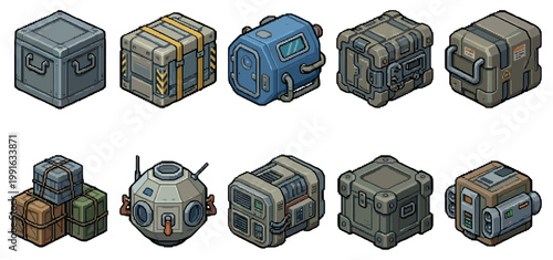 Isometric pixel art collection of various futuristic cargo boxes, containers, and crates with a sci fi aesthetic, ideal for game assets and digital illustration.