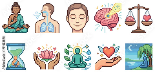 A collection of pixel art icons representing meditation, health, wellness, brain activity, balance, and inner peace, perfect for digital design and concepts.