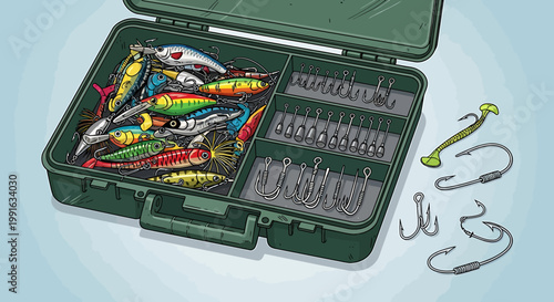 Fishing Lures and Hooks in Box.