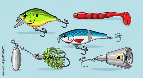 Fishing lures and hooks assortment closeup.