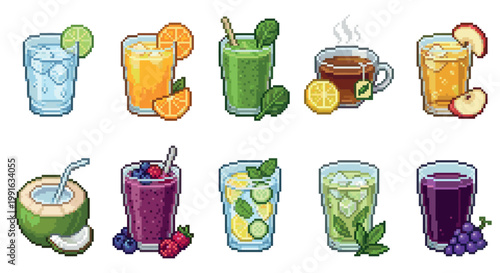 A colorful pixel art collection displays ten assorted healthy drinks including juices, smoothies, tea, and infused water in glasses and a coconut.
