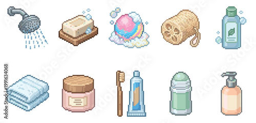 A charming pixel art collection of essential bathroom hygiene items, including a shower head, soap, bath bomb, loofah, lotion, towels, toothbrush, toothpaste, and dispensers.