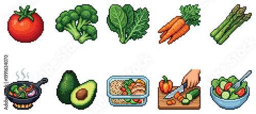 A vibrant collection of pixel art illustrations showcasing various healthy foods, from fresh produce to prepared meals, perfect for digital projects and design.