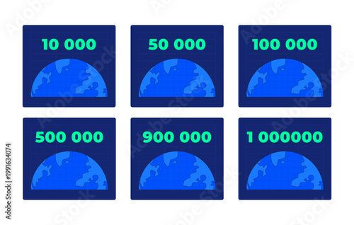 Population counters neon dashboard UI element set. Numeric metrics. Global stats. Earth data. Digital user interface component collection in futuristic cyberpunk style on dark background. HUD design