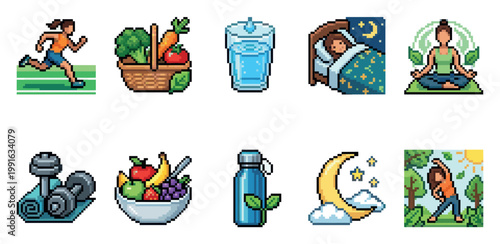 A collection of pixel art icons representing healthy lifestyle elements like running, fresh food, hydration, sleep, yoga, exercise, and nature, perfect for digital design and wellness themes.