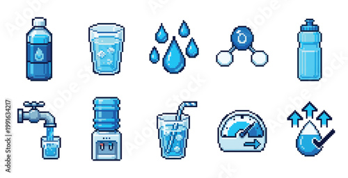 A collection of pixel art icons representing various aspects of water, including bottles, glasses, a tap, a water cooler, and drops, with a blue and white color scheme.