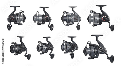 Fishing reels in various positions.