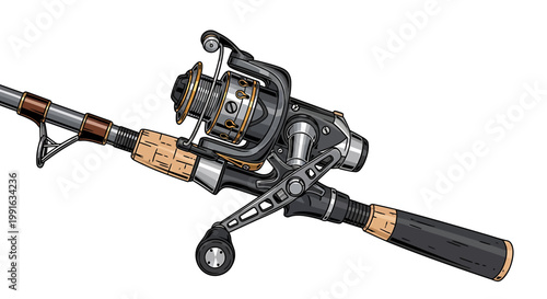 Fishing rod and reel detailed illustration isolated on white background.