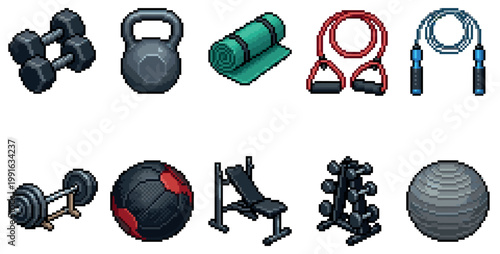 A collection of pixel art fitness equipment, including dumbbells, kettlebell, yoga mat, resistance bands, jump rope, barbell, medicine ball, bench, rack, and stability ball.