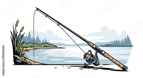 Fishing Rod and Reel Illustration on a Lake Shore.