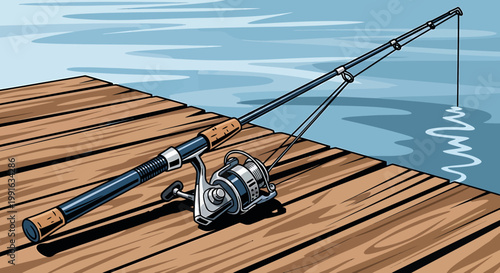 Fishing rod and reel on dock.