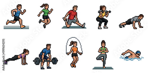 A collection of pixel art illustrations showing diverse people performing various exercises like running, jumping, stretching, lifting weights, and swimming, ideal for retro gaming or fitness themes.
