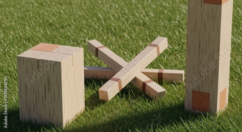 Traditional garden game setup with wooden blocks on grass. Garden game includes various wooden pieces like blocks and sticks arranged playfully on vibrant green lawn.