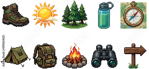 A collection of pixel art icons depicting essential camping and outdoor adventure gear, perfect for games or digital design projects.