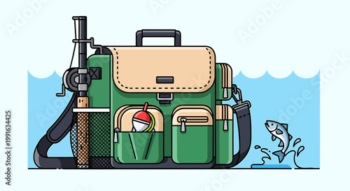 Fishing tackle bag with rod and jumping fish illustration.