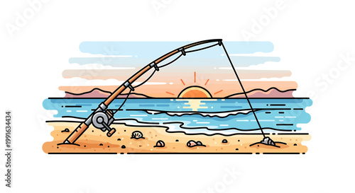 Fishing rod on sandy beach shore.