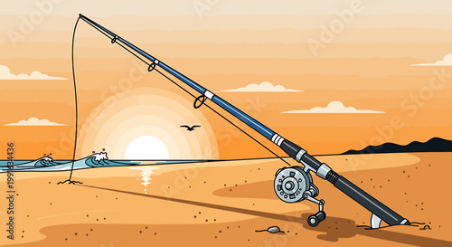 Fishing rod on sandy beach shore.