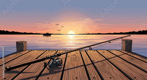 Fishing rod on wooden dock.